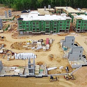 Aerial Views of Carraway Village Construction at NC 86 & Eubanks Rd - Chapel Hill, NC