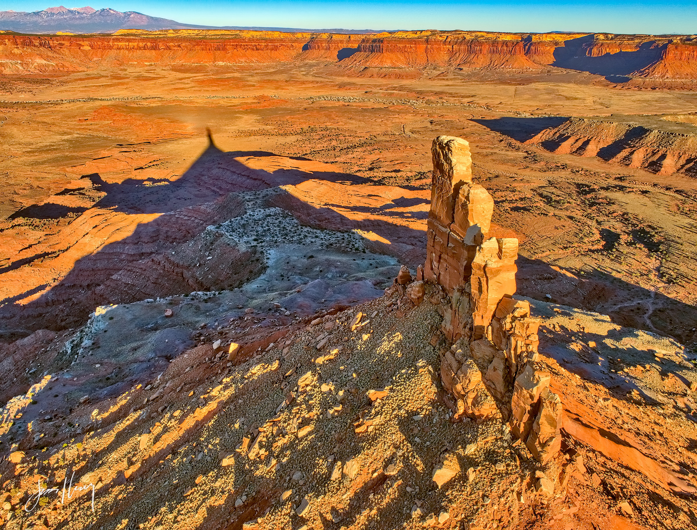 North Six-shooter Peak and its shadow at sunset, Indian Creek district near Canyonlands NP, Utah.