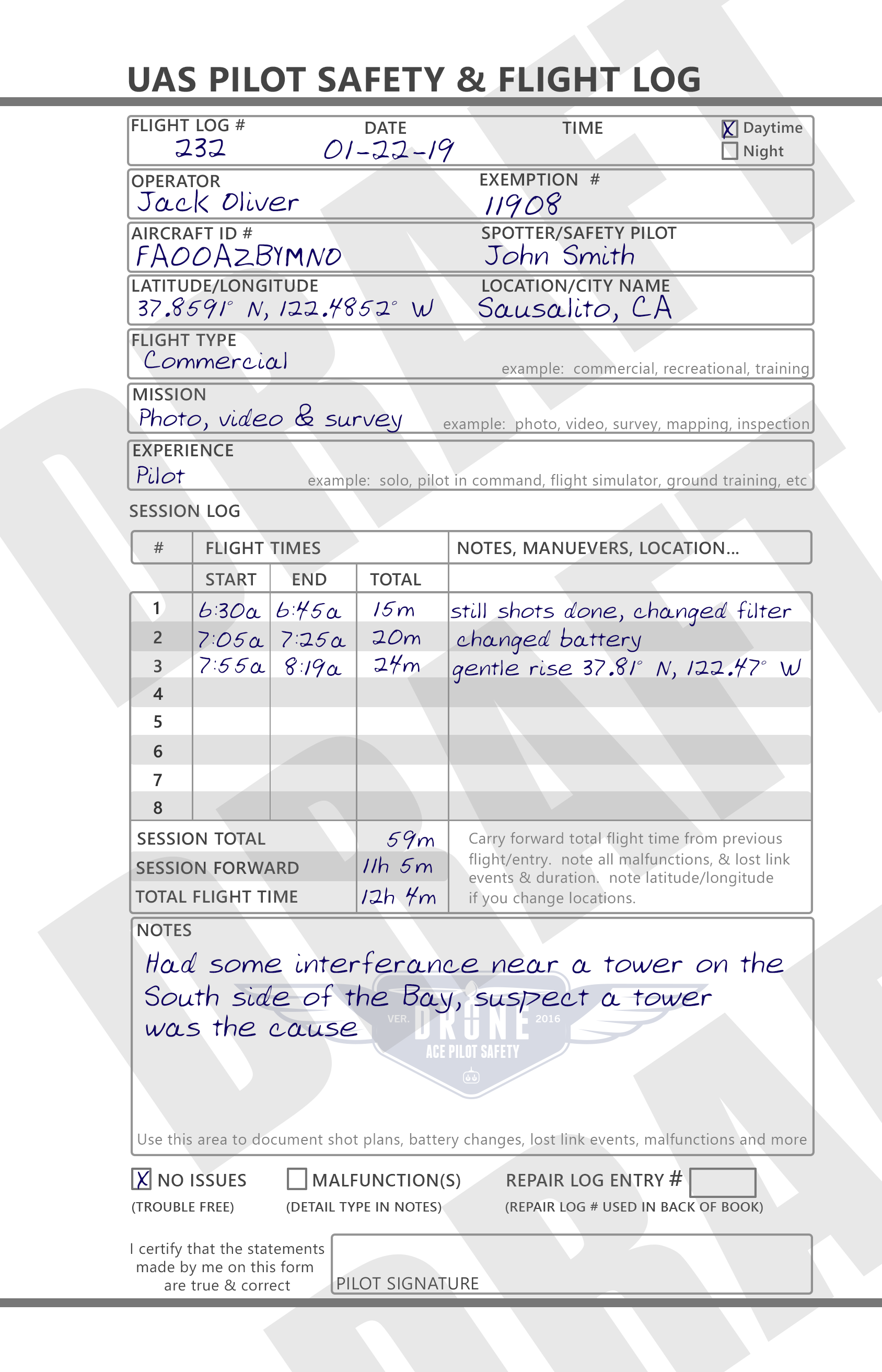 Pilot Log Book One Page