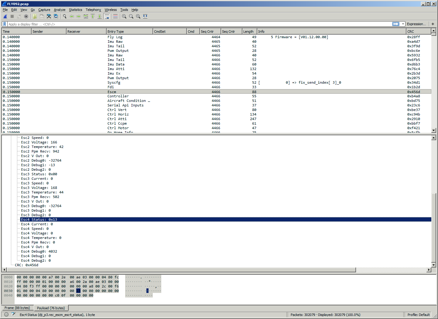 Wireshark esc status after motor coil damage